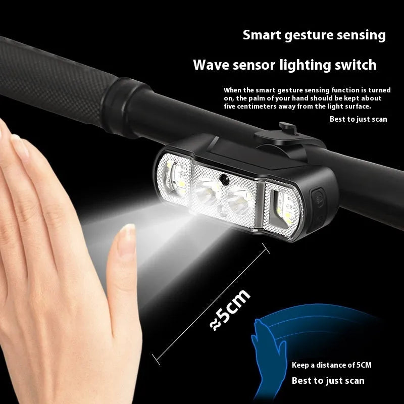 Black bicycle headlight with 350 lumen output and rechargeable battery mounted on handlebars
