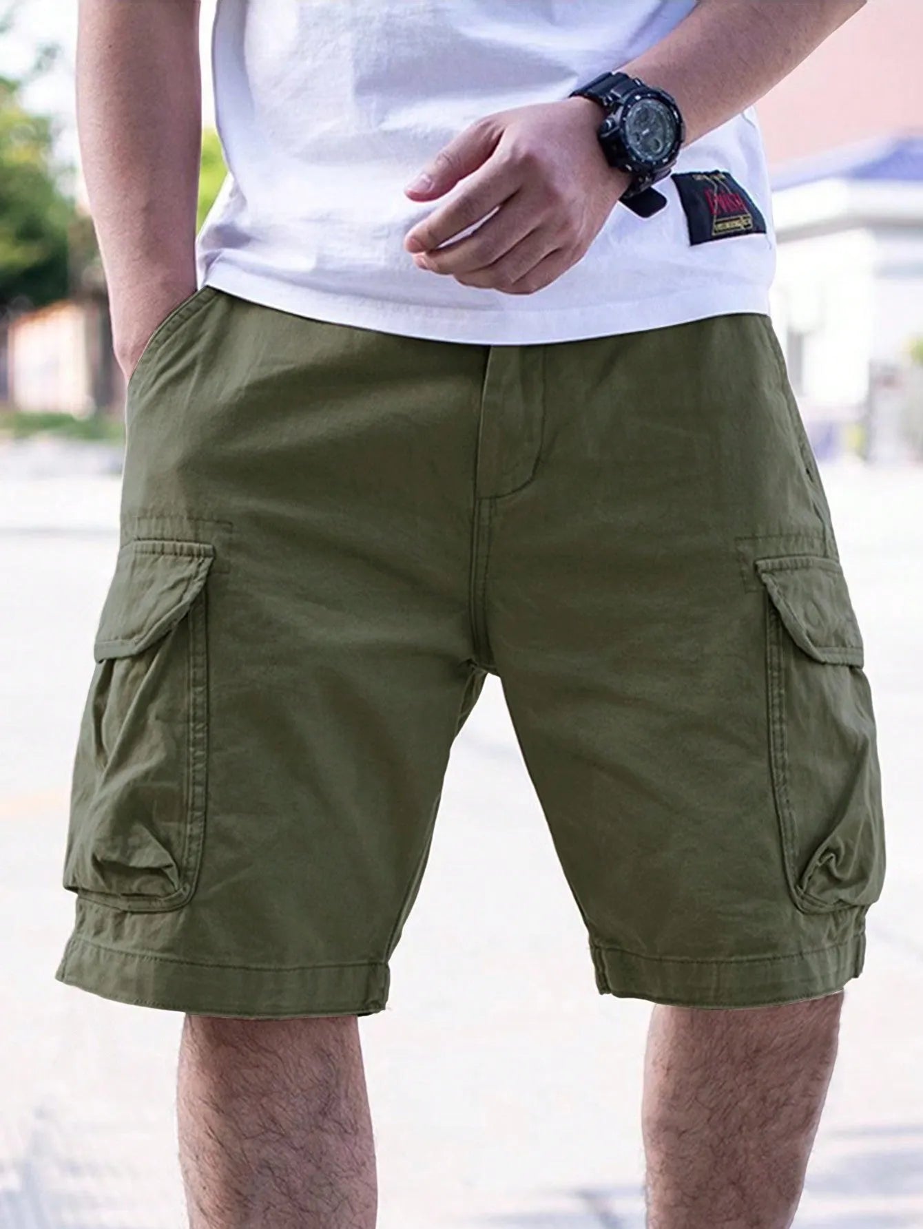 Men's loose-fitting cotton blend work shorts in army green colour, showing retro summer styling