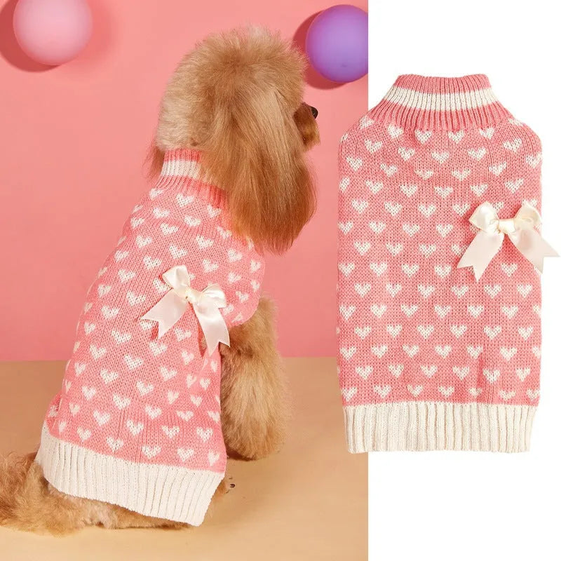Acrylic dog sweater with bow and love heart design in pink colour option