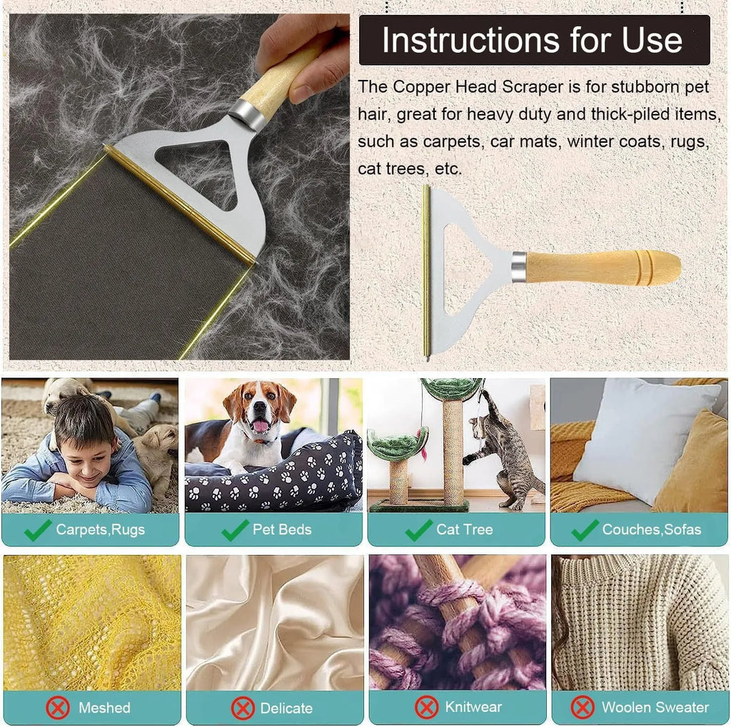 Three-piece pet hair remover set with metal tool, silicone brush, and round cleaner on a fabric surface.