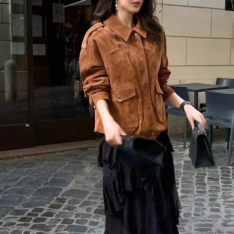 Women's brown polyester suede coat with regular sleeves street chic style