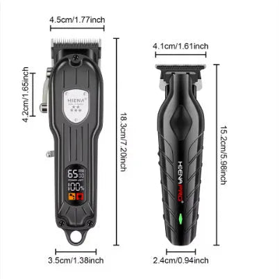 Black professional hair clipper and foil shaver set with USB cable and LED display.