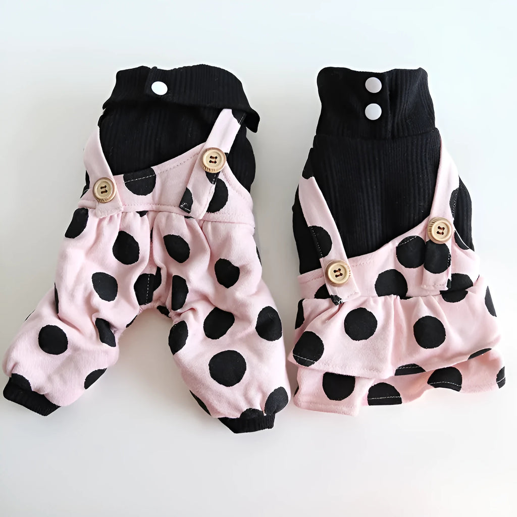 Dog wearing lapel shoulder strap couple outfit with owner, available in four-legged and skirt styles