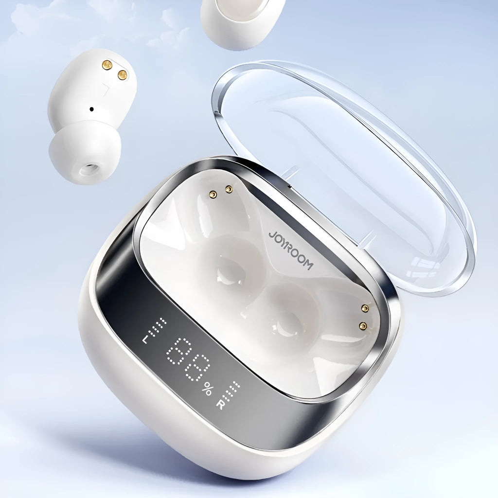 Wireless Bluetooth in-ear headphones in dawn white with a compact USB-C charging case.