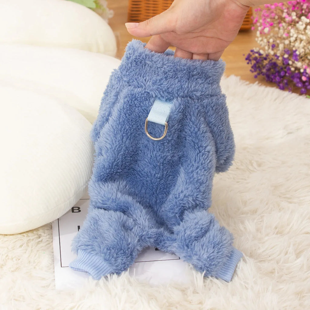 Blue double-sided plush dog clothes with high collar and towing ring on a mannequin