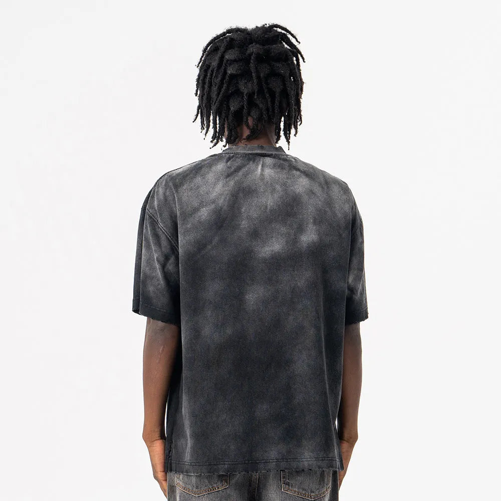 Men's black loose fit cotton t-shirt with drop-shoulder sleeves and printed letter design