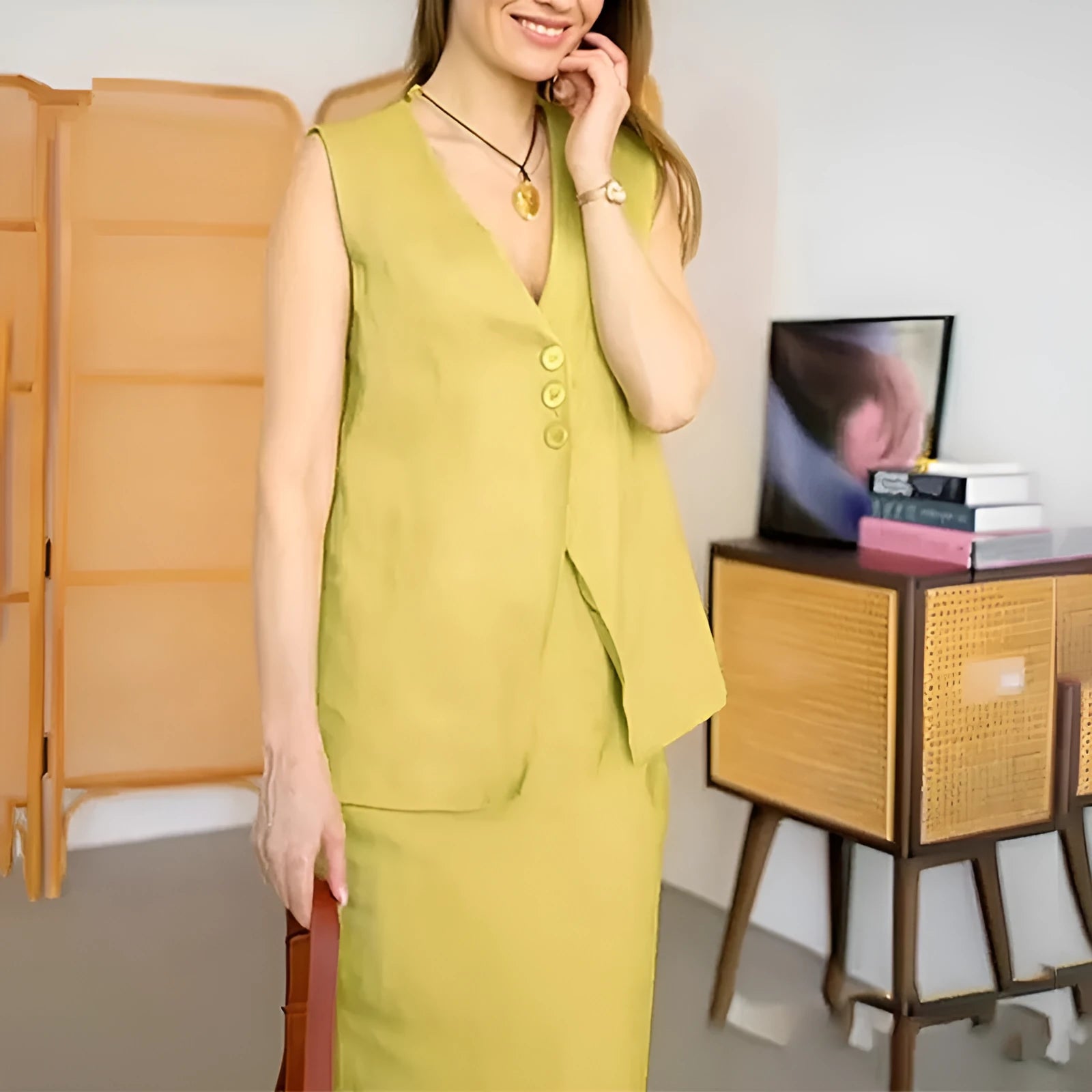 Women's casual two-piece outfit with a sleeveless loose vest and a long flowing skirt on a hanger.