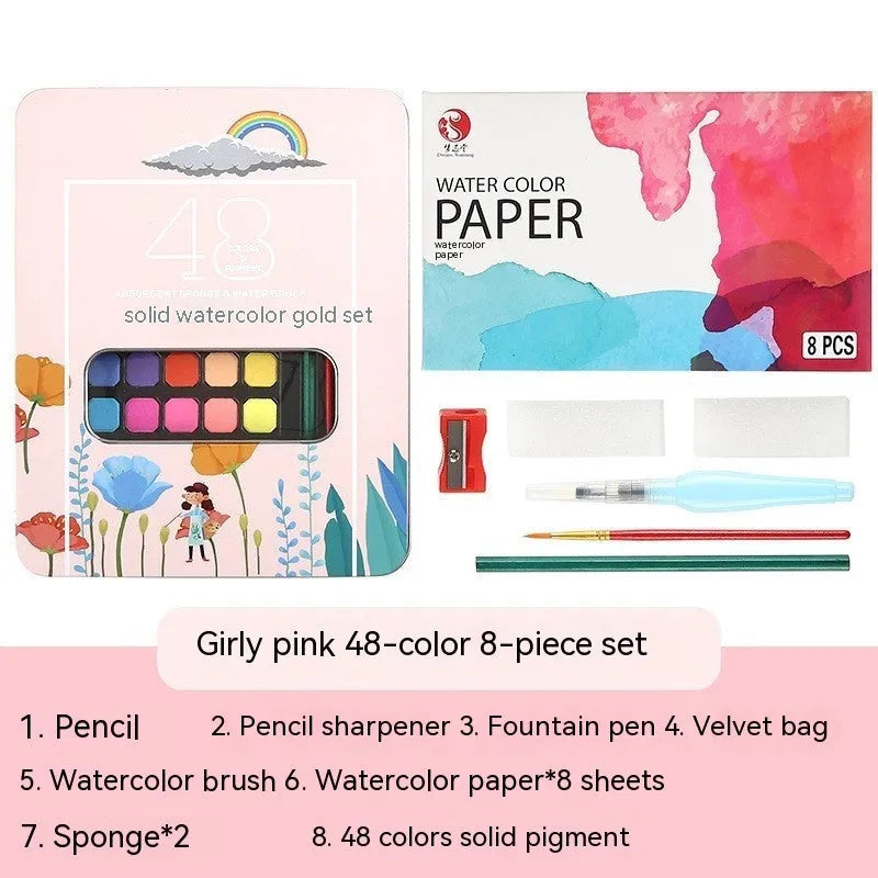 Solid watercolour paint set with 48 colours in metal storage boxes including Black Knight, Girl Pink and Sunshine Blue variations