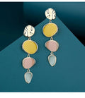 Alloy drop earrings with Morandi colours from oil drip treatment, showing simple vintage disc design.