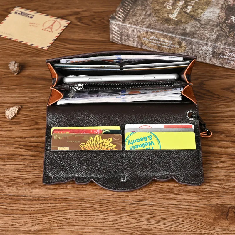 Women's tri-fold cowhide wallet with Chinese embossed floral patterns in retro brown colour
