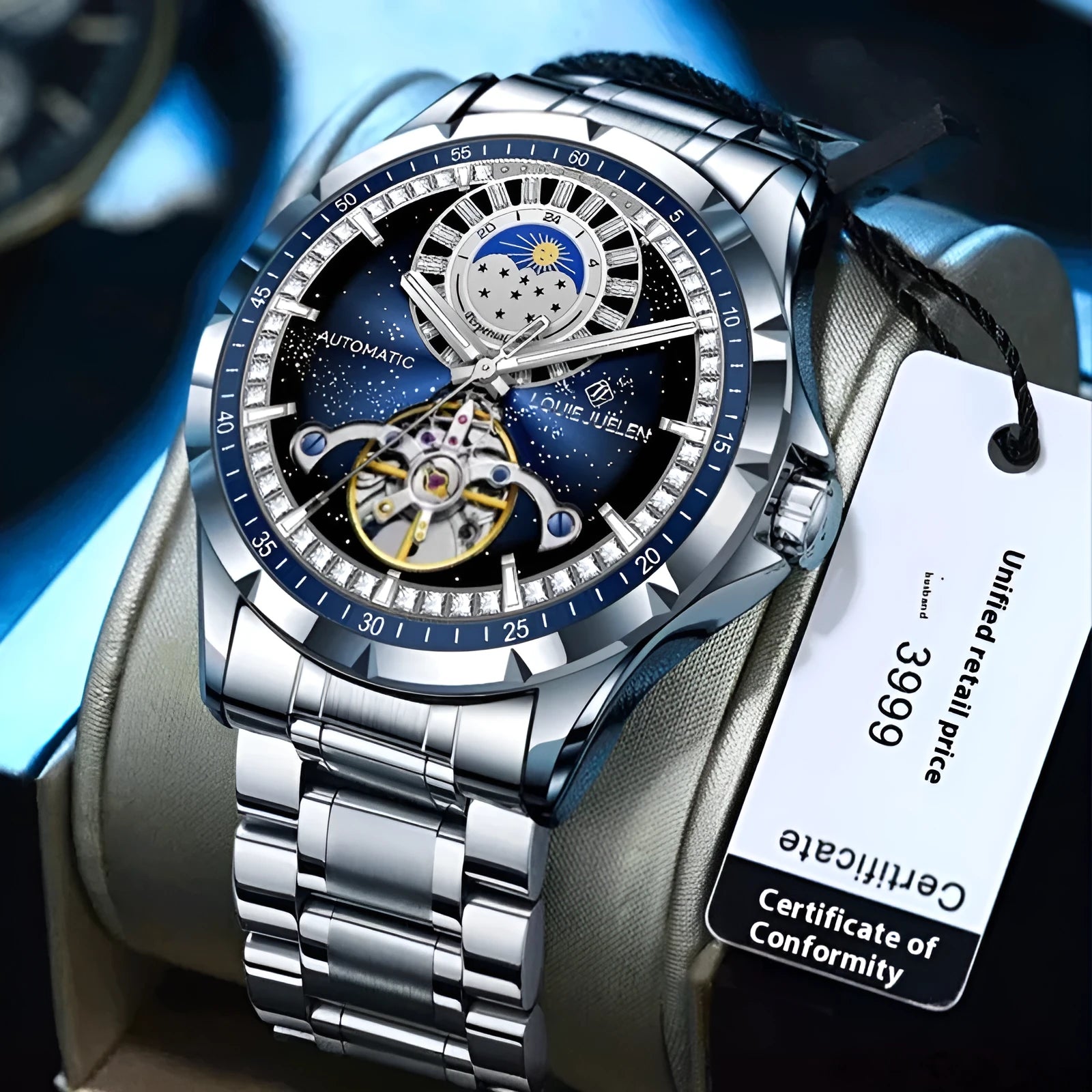 Silver alloy automatic mechanical watch with blue dial and stainless steel butterfly buckle strap