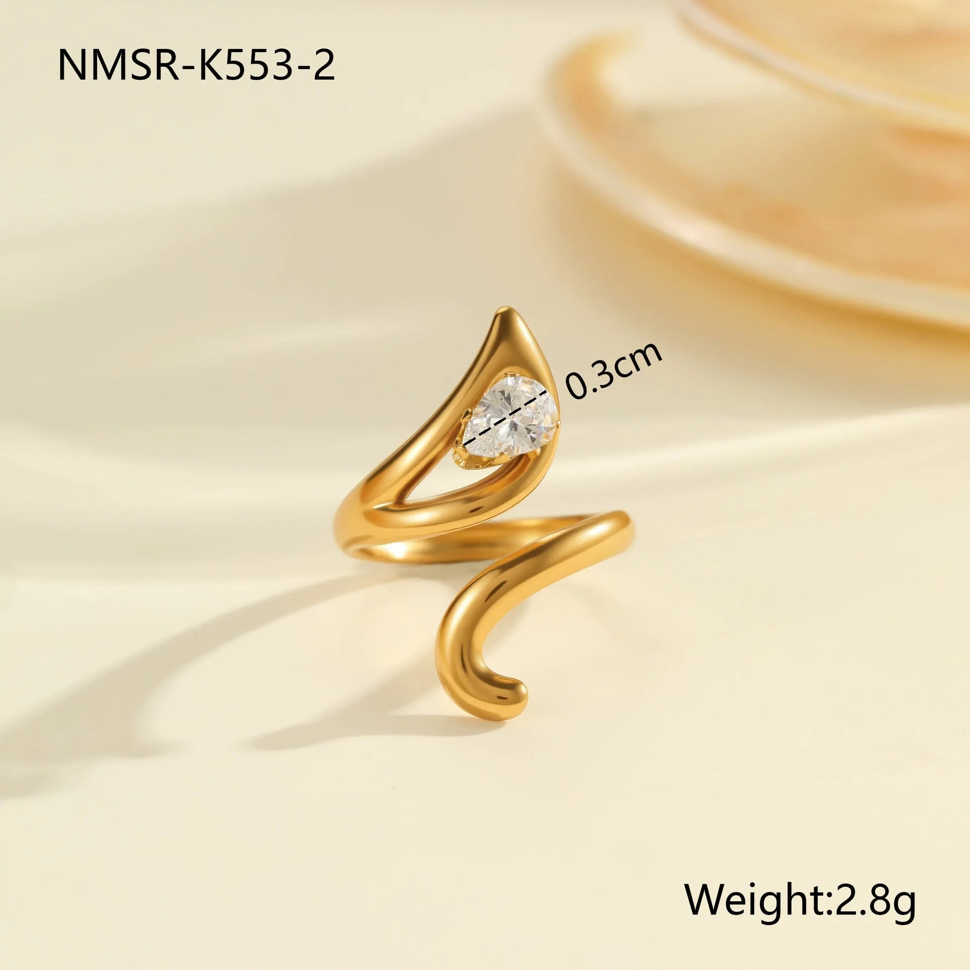 Women's stainless steel geometric ring with zircon stones and adjustable open mouth design