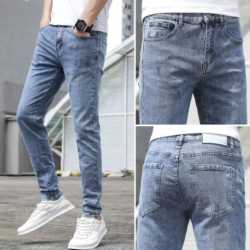 Men's Korean-style light blue tapered jeans with polyester denim blend fabric