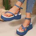 Women's summer denim thong sandals in beige with thick PU sole and buckle fastening