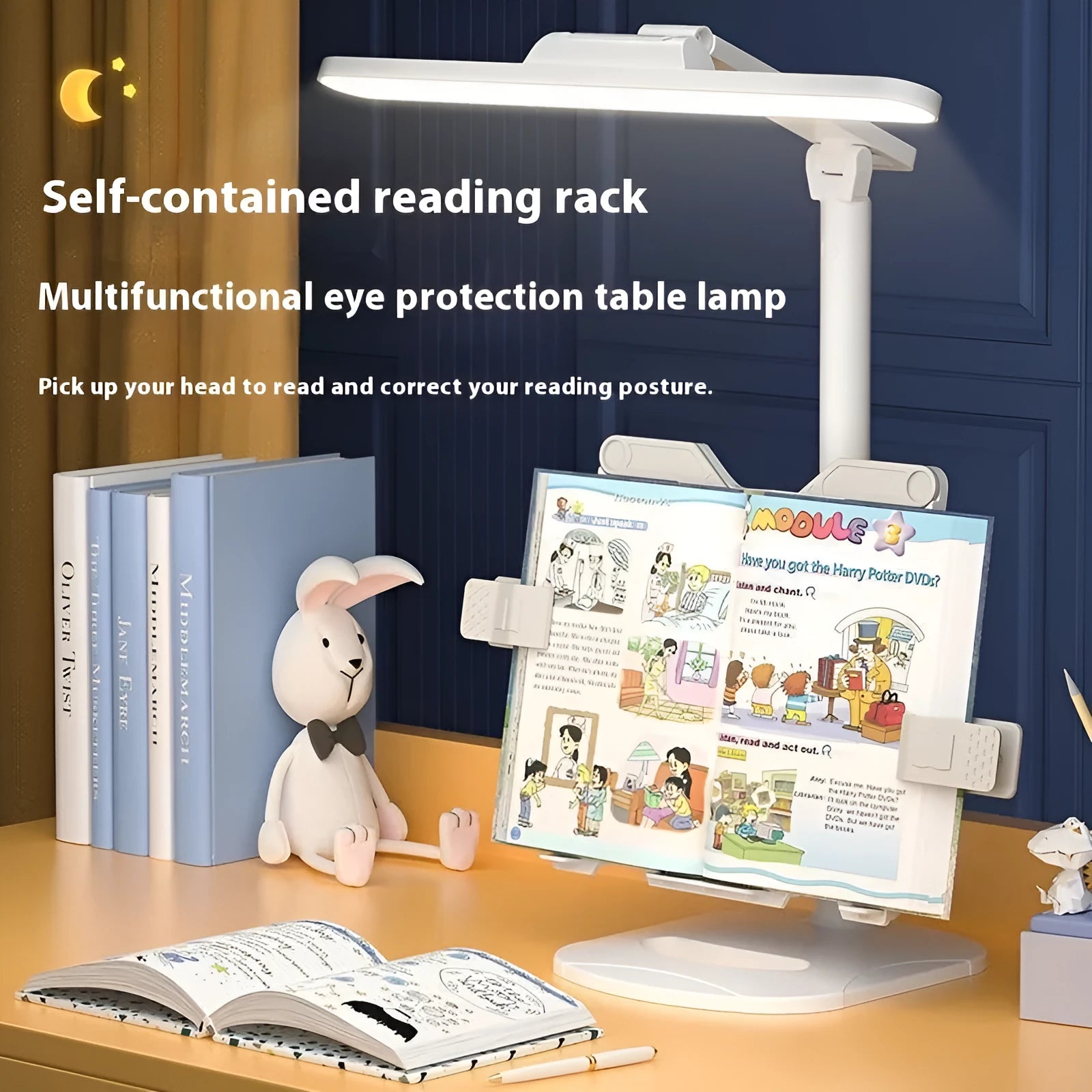 Multifunctional adjustable reading lamp on a bookshelf with charging cable