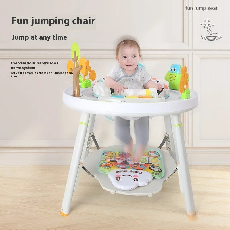 A white baby jumping chair activity centre with a bouncing seat, gymnastic rack, and toys in a duck or lion character design.