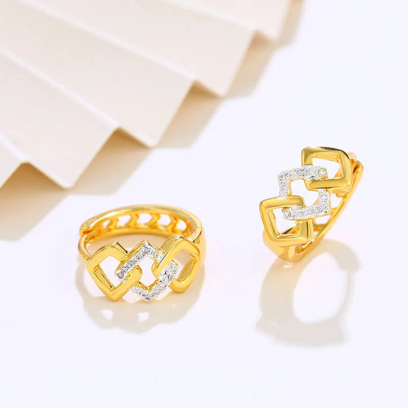 Gold geometric hollow out clip-on earrings with electroplated alloy construction