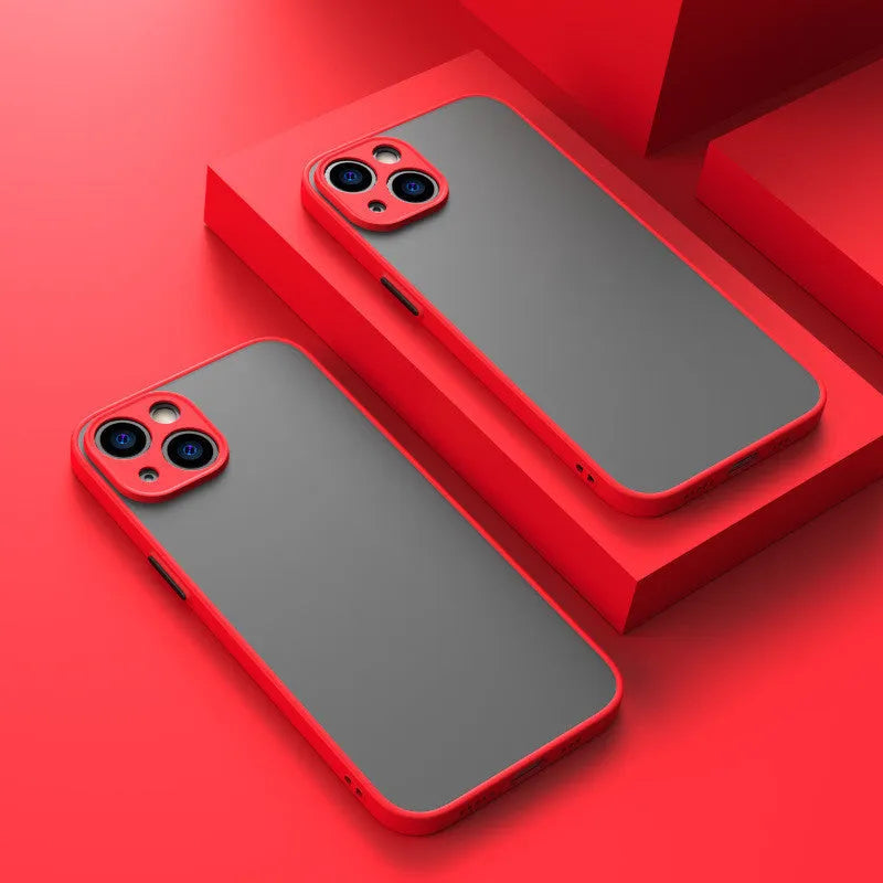 Fine hole skin-sensing frosted hard phone case for iPhone on a solid colour background.