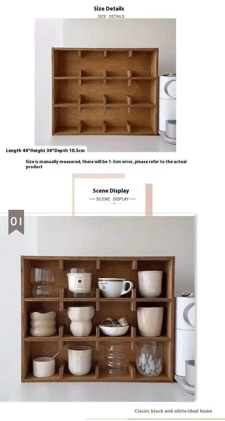 Solid square wood storage rack with multiple grid compartments for cups and mugs in birch wood colour.