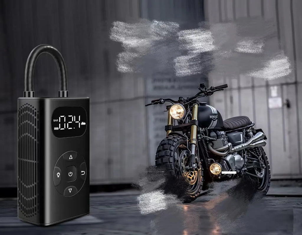Black portable tyre inflator with digital display and 16cm inflatable tube for car motorcycle bicycle