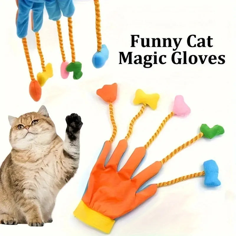 Yellow and blue plush cat toy shaped like a glove with a bell and a long trailer.