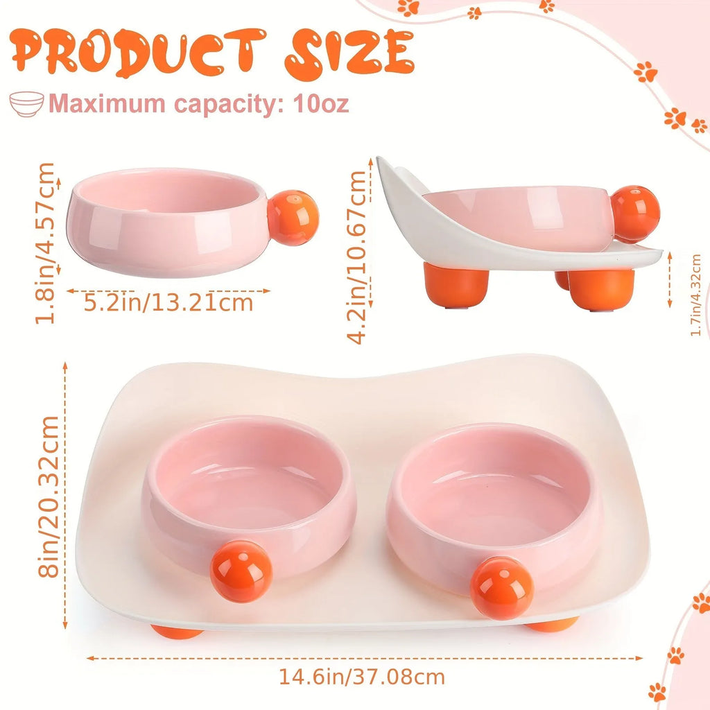 Elevated ceramic pet bowl set in pink with two bowls on a non-slip raised platform.