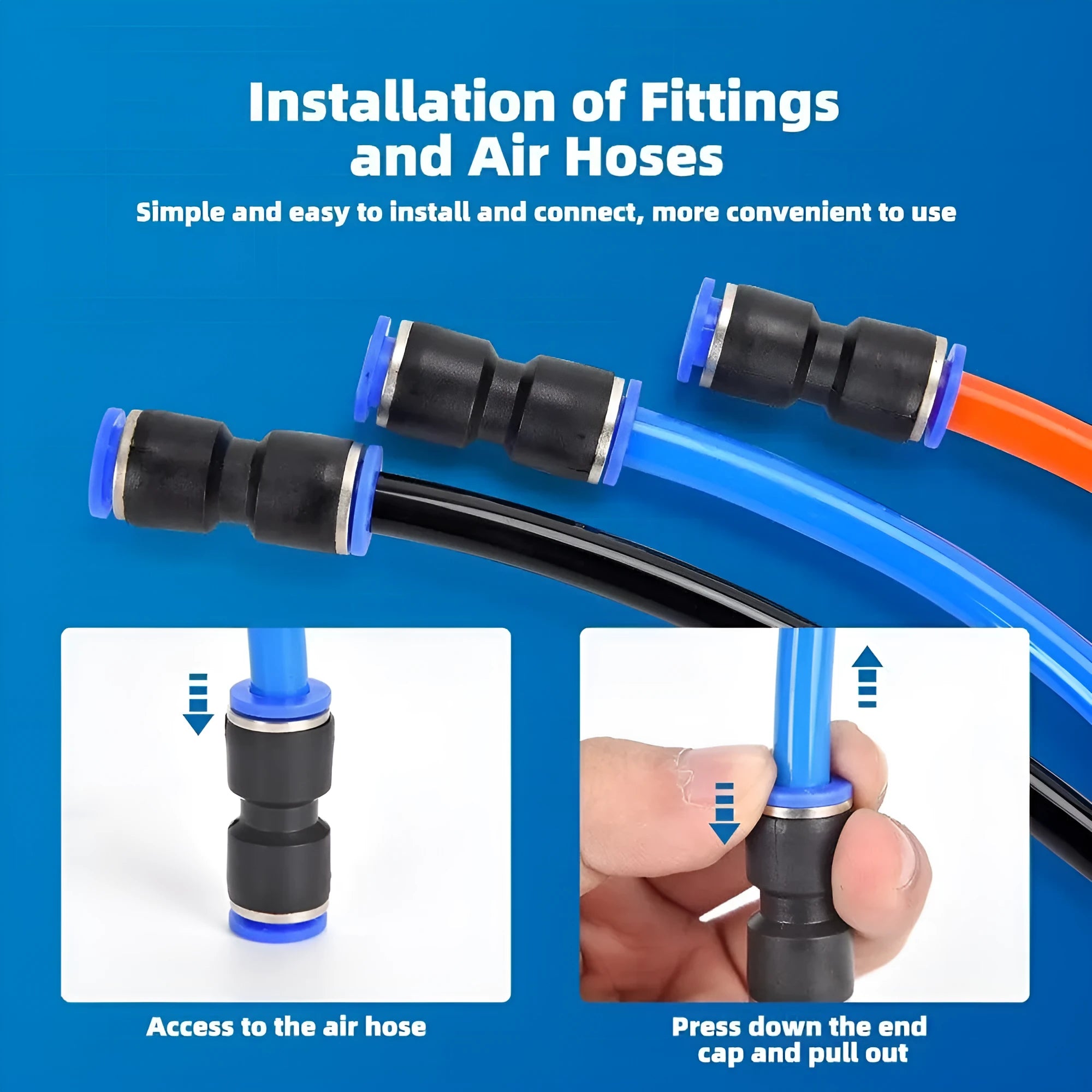 60-piece pneumatic push-in connector set with alloy plastic construction showing R1/4 and R1/2 thread sizes