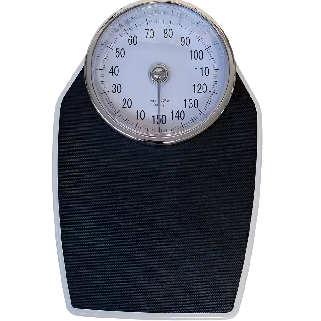 Black mechanical body weight scale with large dial display on 47x35 cm platform