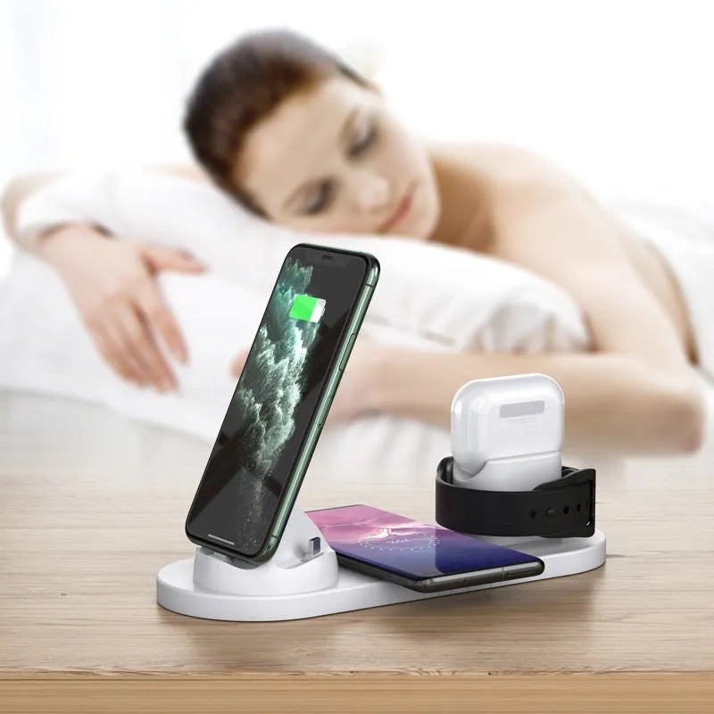 Black 6-in-1 wireless charging station with phone holder charging iPhone, AirPods, and Apple Watch
