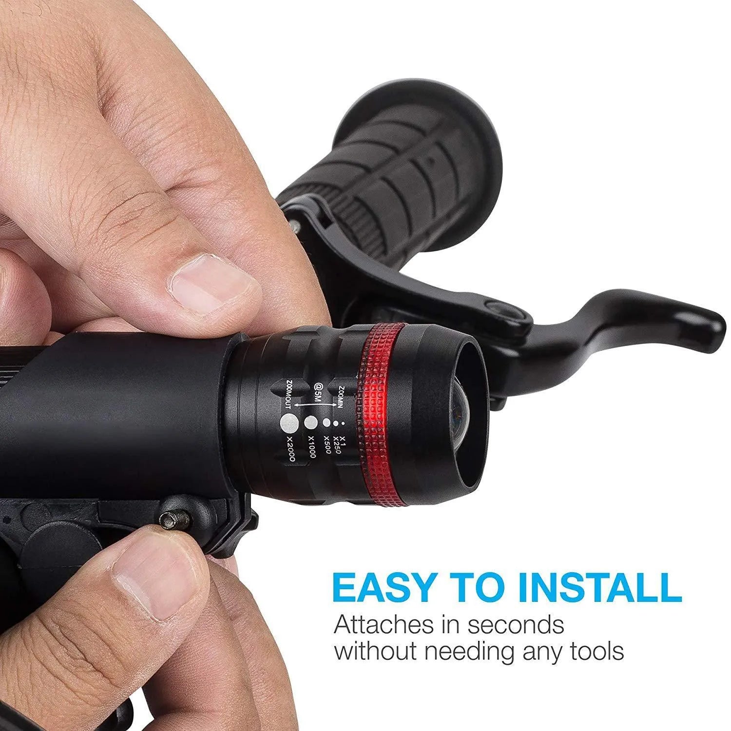 Bicycle headlight and red taillight set with metal handlebar mounting bracket on a white background.