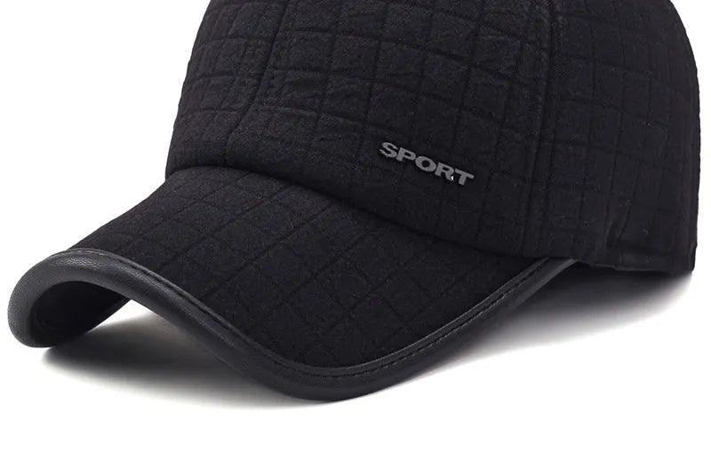 Men's black winter thickened cotton baseball cap with ear protection, adjustable 56-60 cm circumference