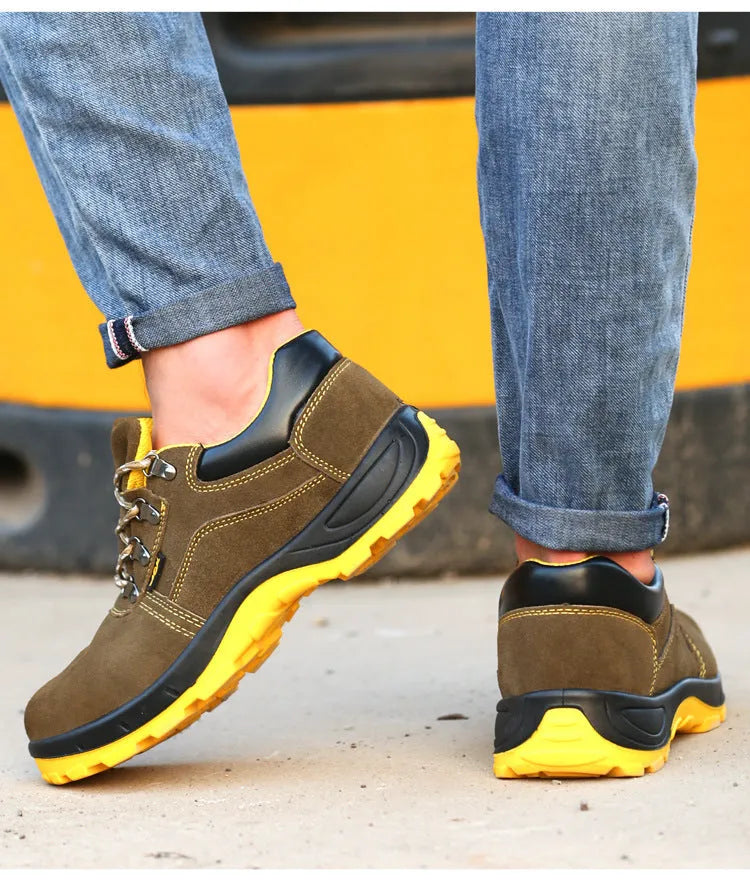 Bronze leather safety shoes with steel toe cap and non-slip sole design