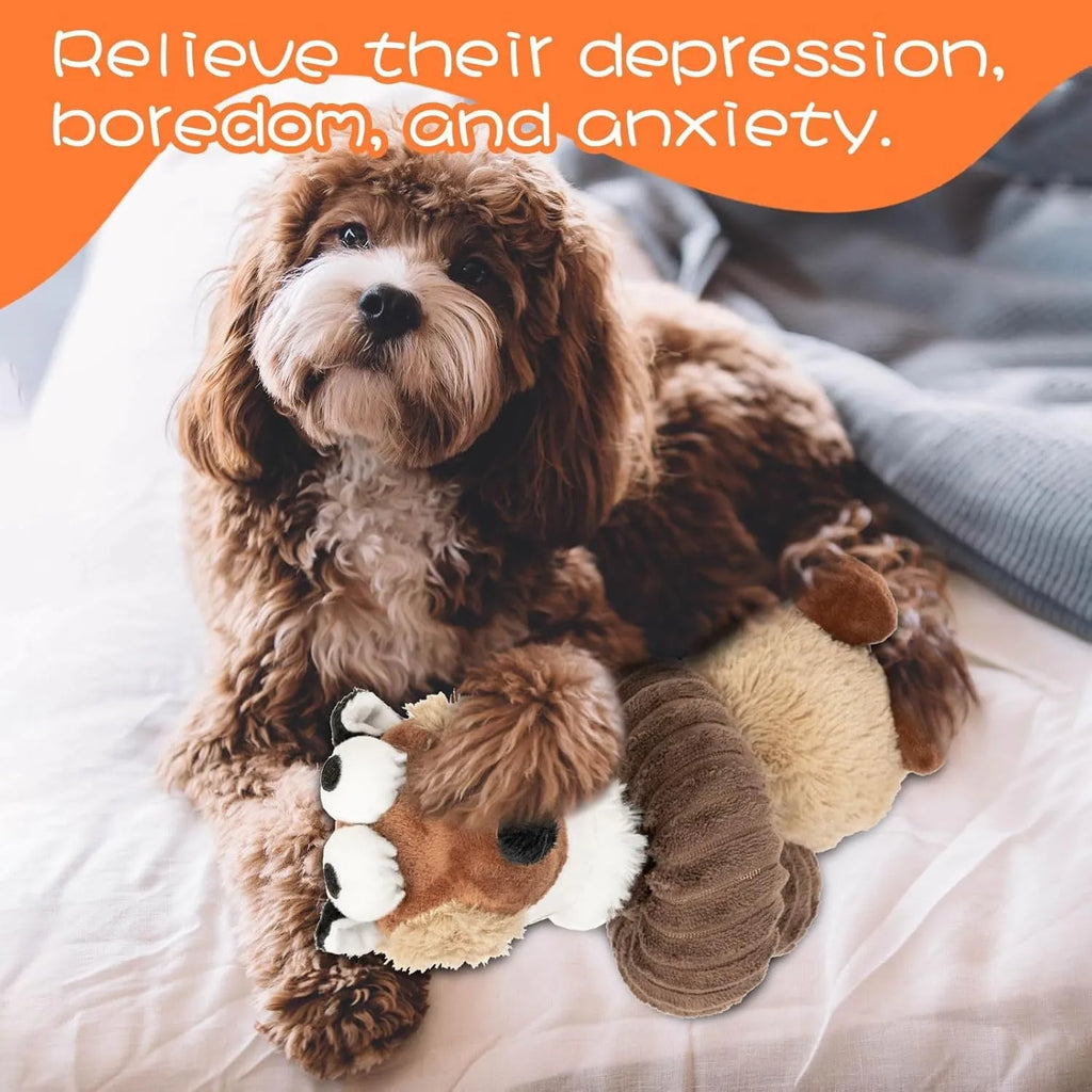 Plush squeaky dog toy with crinkle sounds and foldable design in brown, grey, and yellow colours