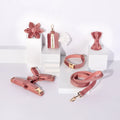 Velvet dog collar and harness set with matching bow tie and flower accessory