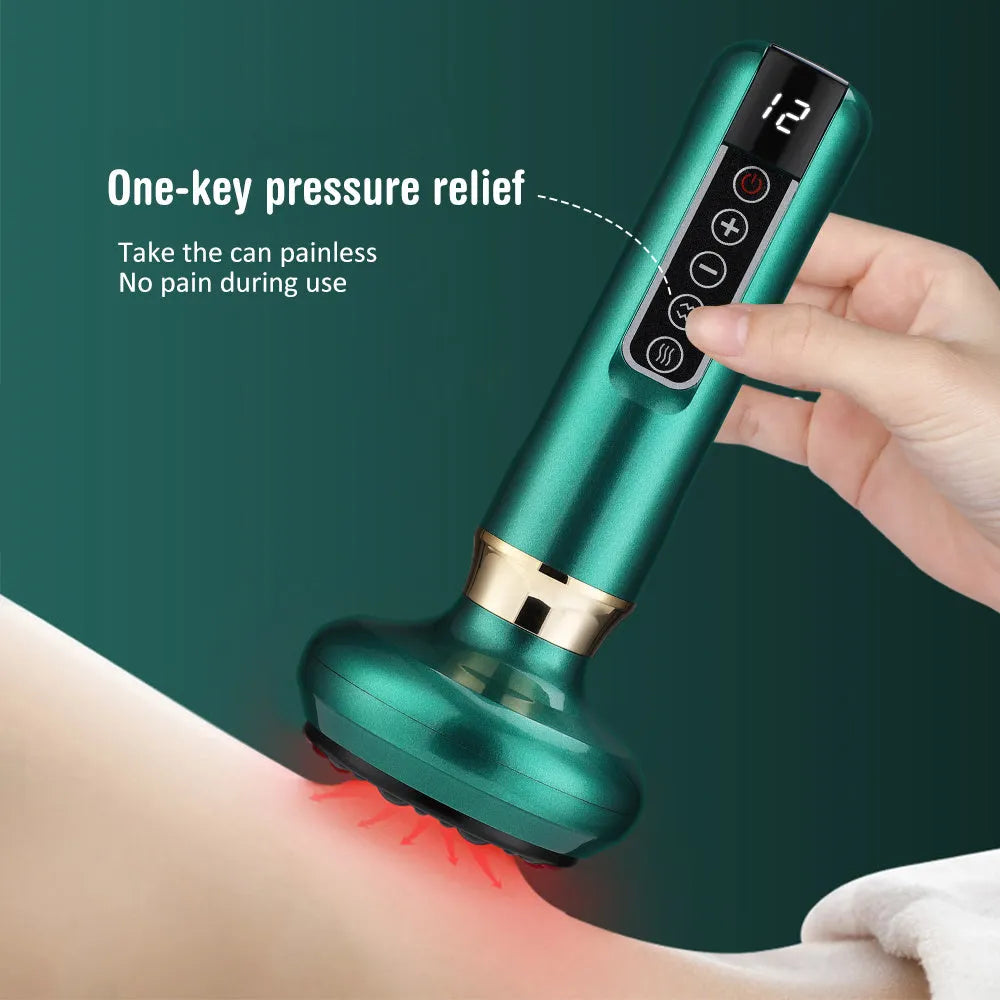 Green electric vacuum cupping massager with USB cable on a table