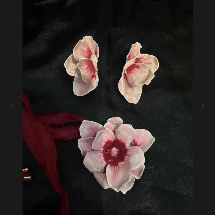 Pastoral style alloy flower stud earrings with oil-spot glaze finish in blue, green, purple, and rose colour options