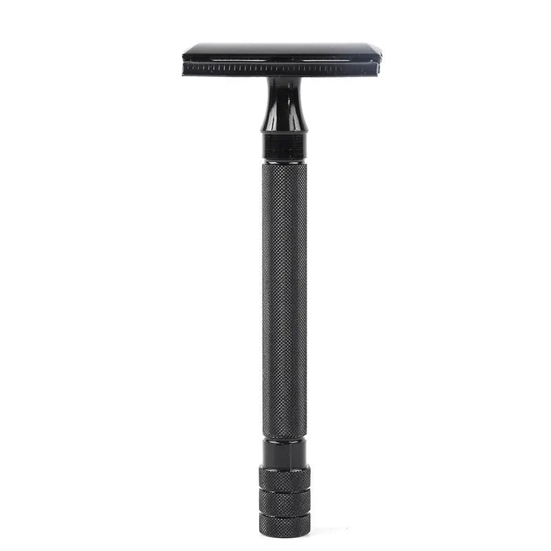 Traditional manual shaving razor set with metal scraper and matching barber brush