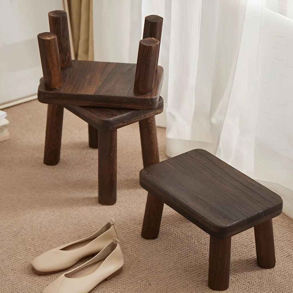 Wooden shoe changing stool with distressed finish and bracket leg structure