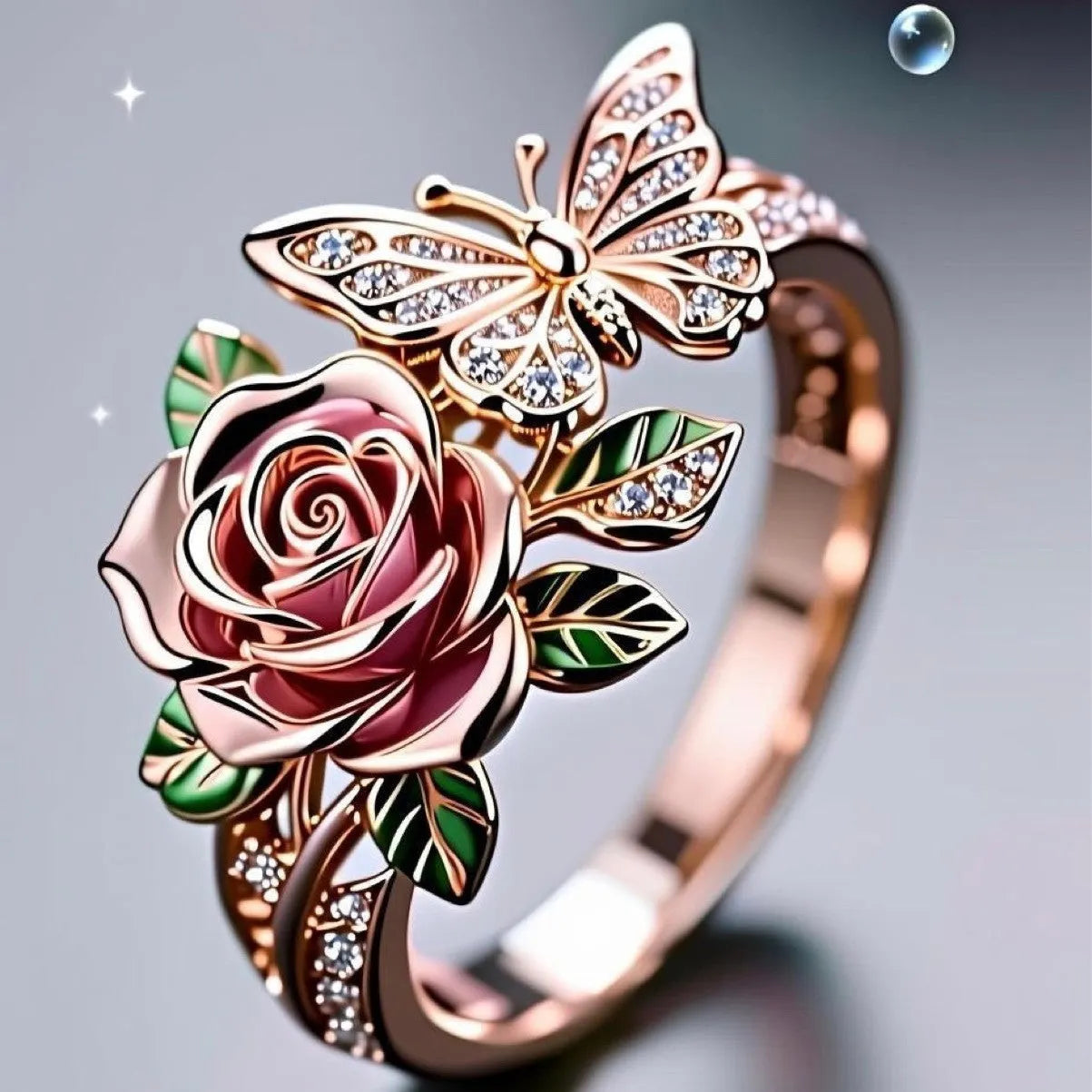 Adjustable butterfly personality ring with colourful oil drip finish showing rose and nature motifs