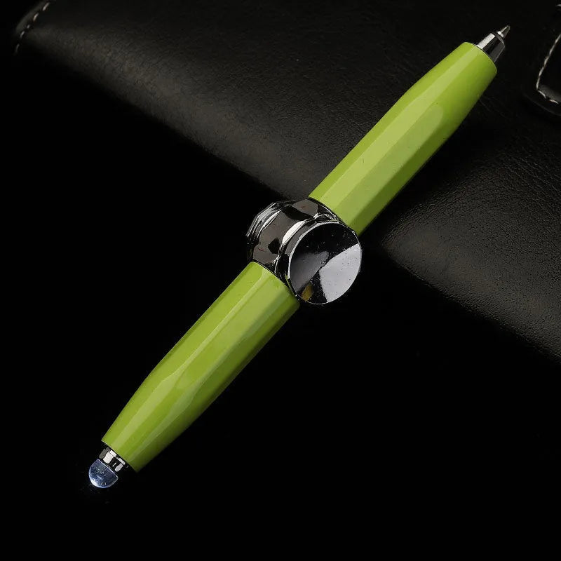 Metal LED ballpoint pen with spinning gyro mechanism showing multiple ink colour options