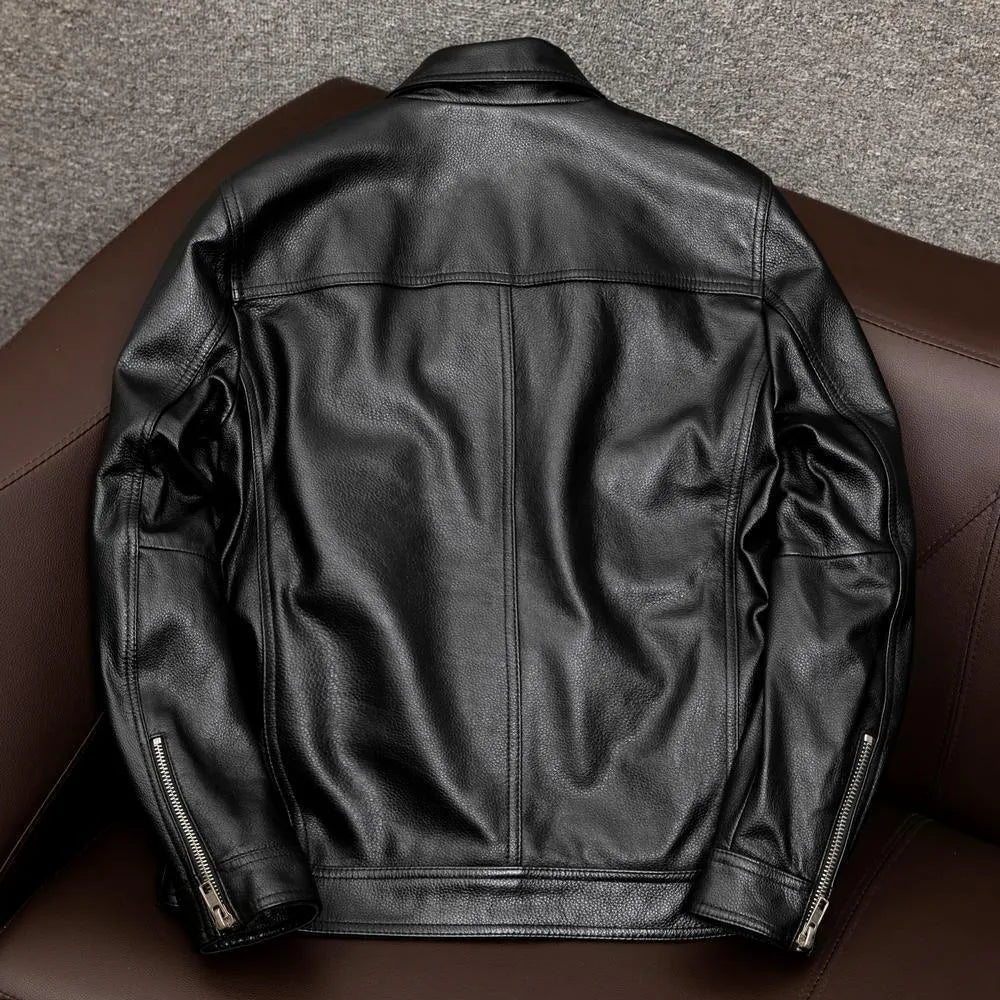 Men's black loose-fit PU leather jacket with lapel collar and side pockets for plus-size frames.