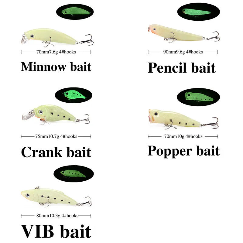 Five hard bait fishing lures with 3D fluorescent patterns and luminous elements in coordinated colour options