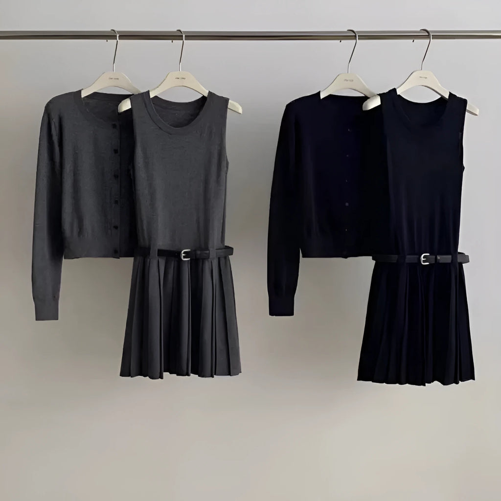 Women's grey Art retro style two-piece set with long-sleeved cardigan and pleated vest skirt featuring a belt