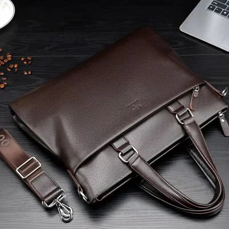 Men's black and brown PU leather business messenger bag with splicing design