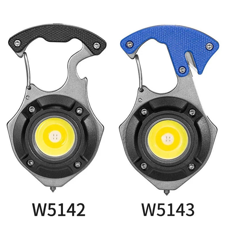 Compact multifunctional keychain flashlight showing light modes, window breaking hammer, screwdriver, and keyring attachment.