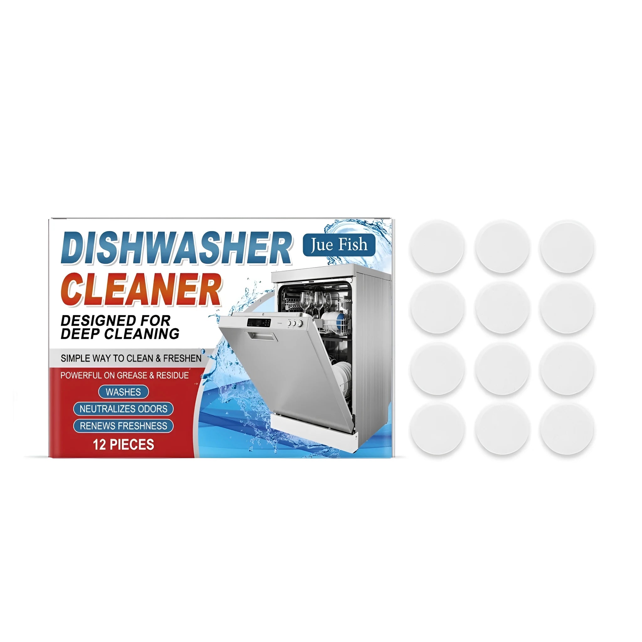 Box of 12 dishwasher cleaning tablets with sodium bicarbonate and citric acid formula