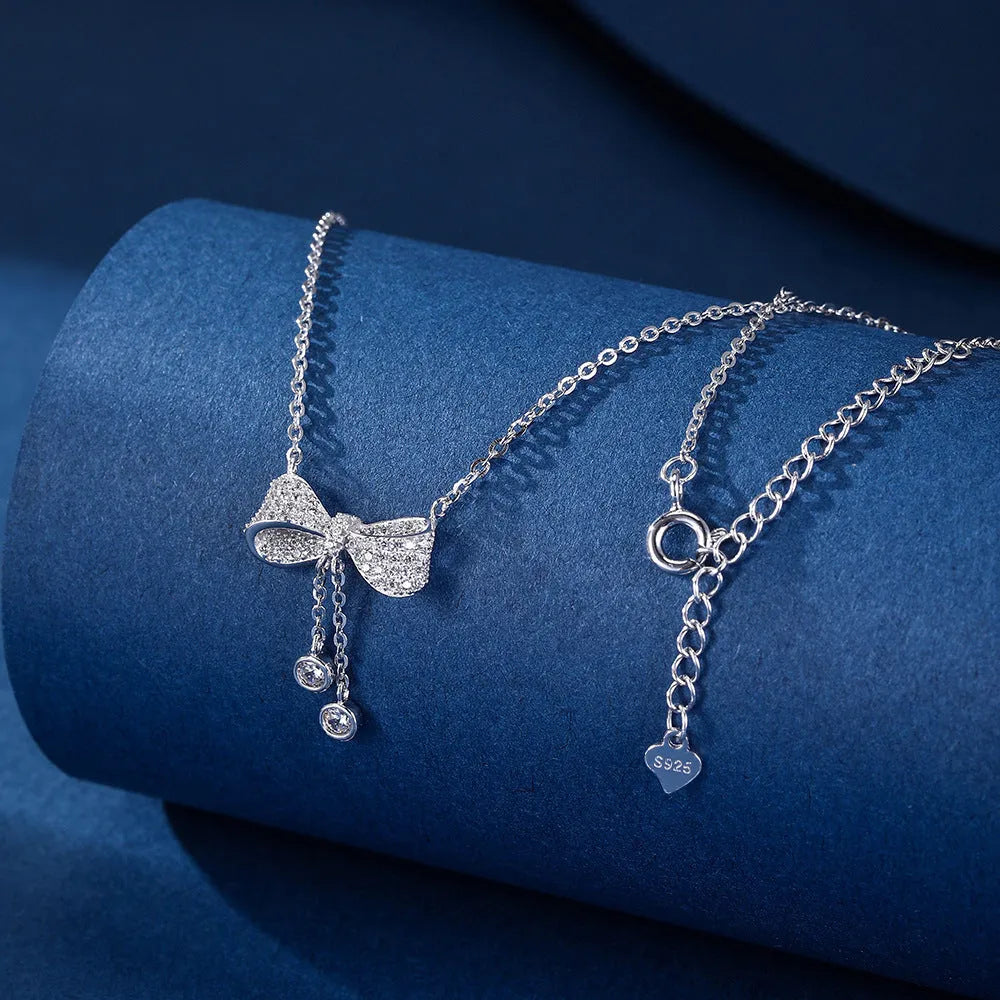 S925 sterling silver bow necklace with O-ring chain and adjustable 40-45cm length