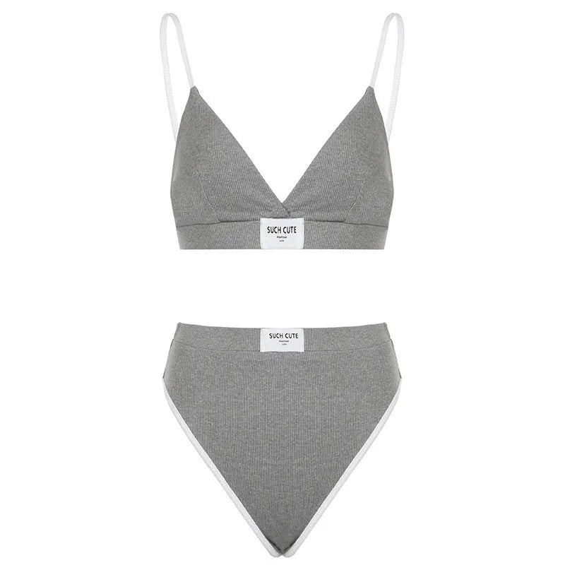 Women's embroidery bikini set with contrast colour binding in black, grey, and white colour options