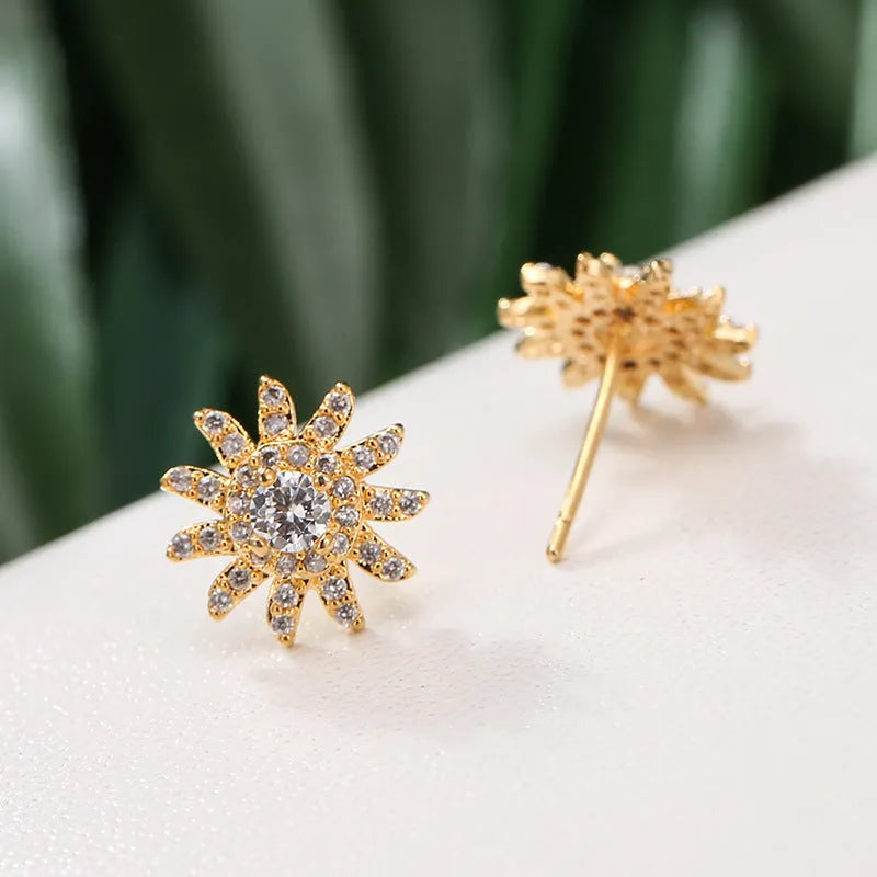 SUNFLOWER gold white and platinum white zircon mosaic copper ear studs pair