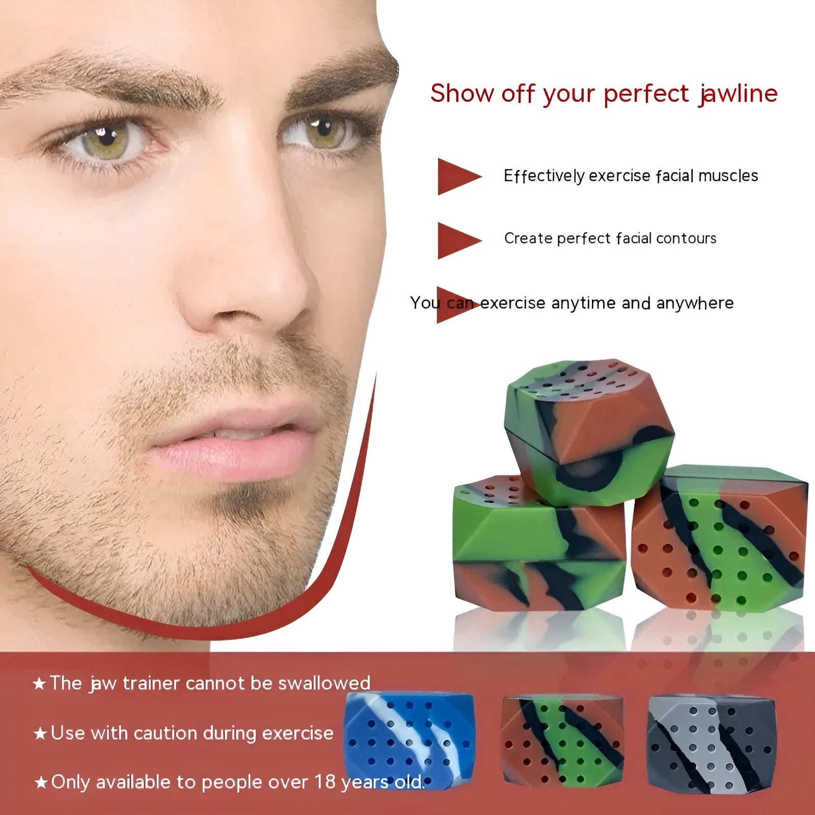 Transparent box containing two camouflage silicone facial muscle fitness balls for jaw exercise